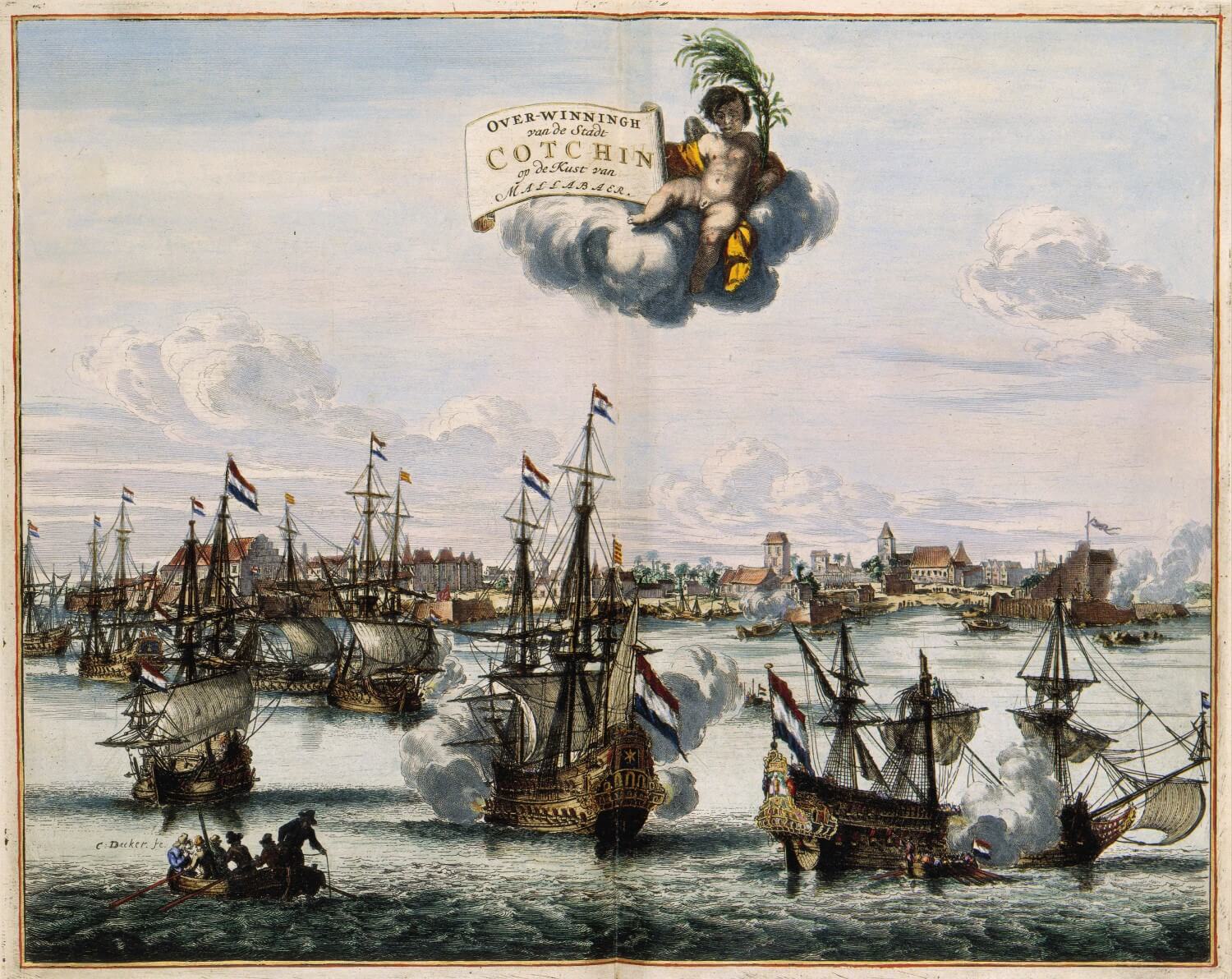Schilderij van Coenreat Decker uit 1682 over de overwinning van de VOC op de Portugezen