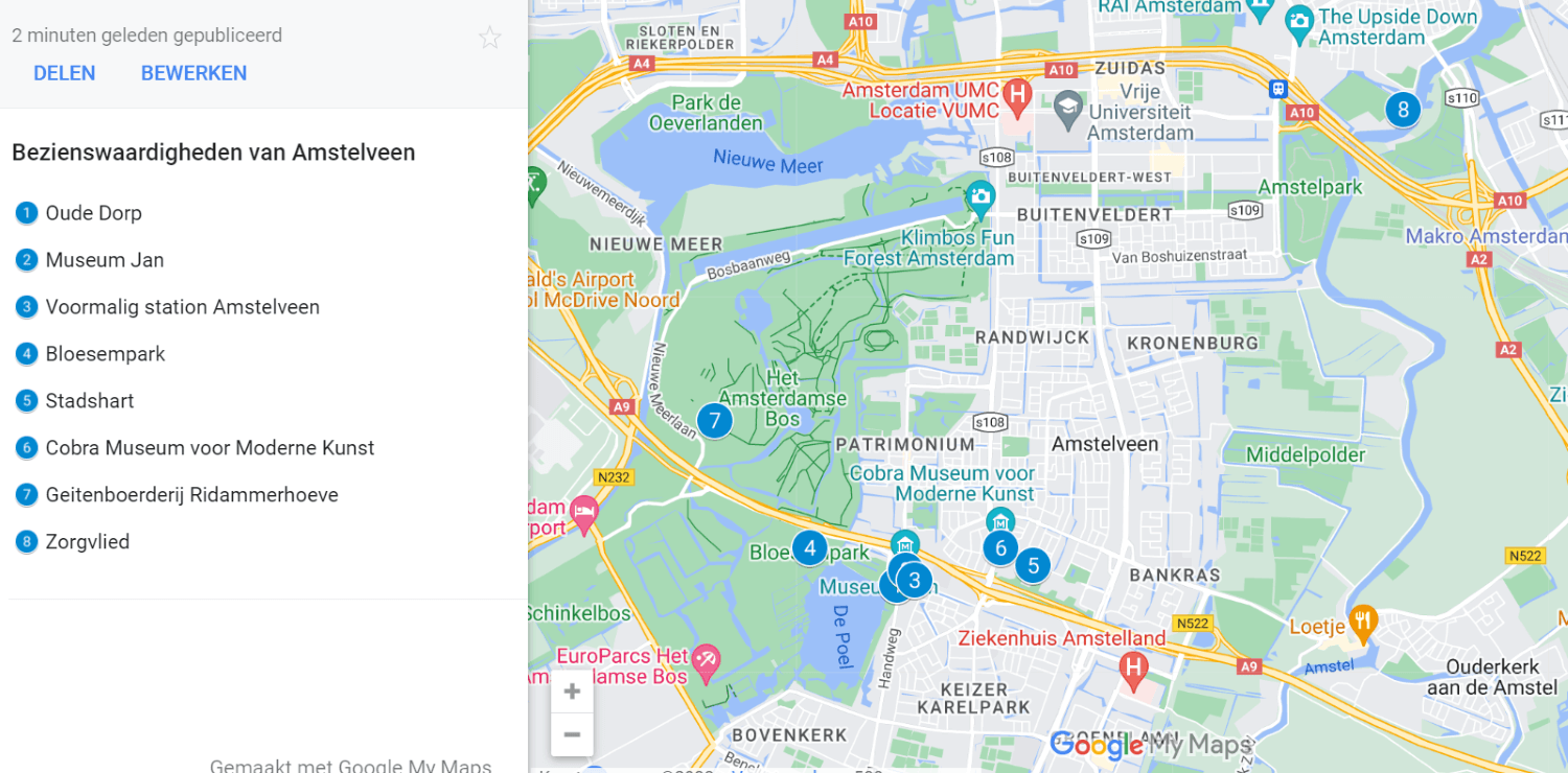 Kaart van de bezienswaardigheden van Amstelveen