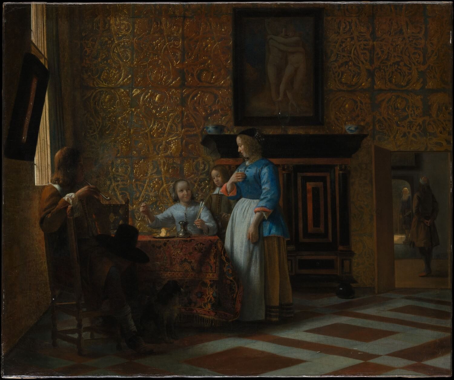 Schilderij van Pieter de Hooch met o.a. behang van goudleer